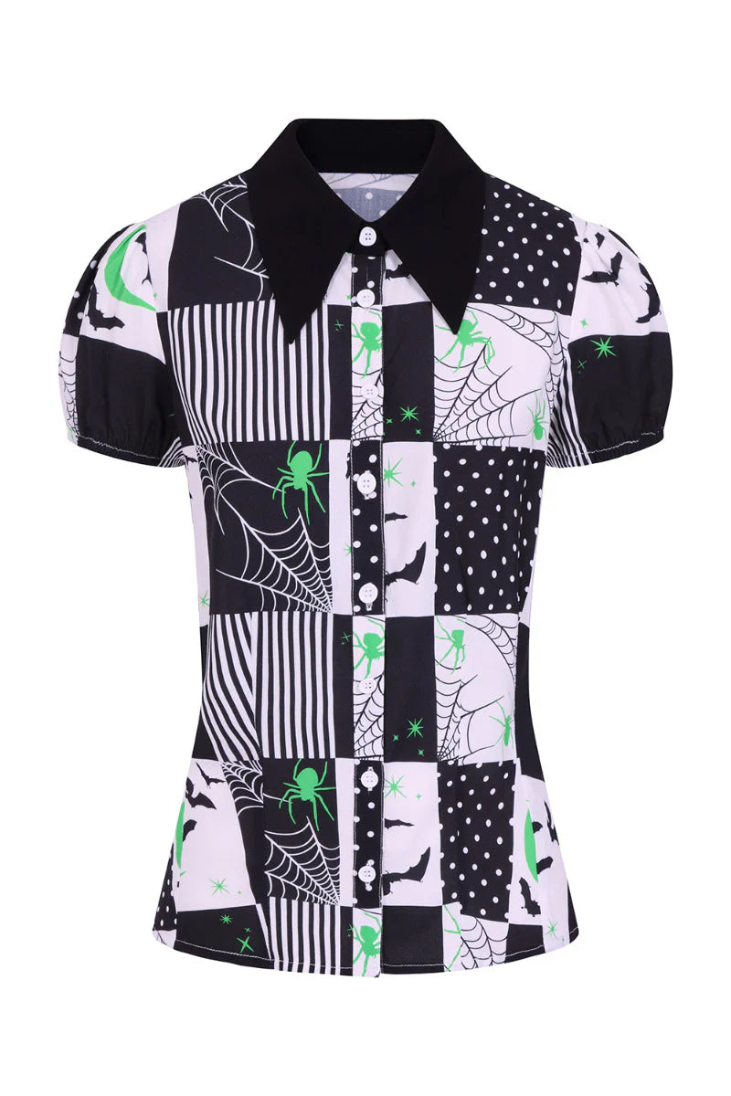 Blusa con estampado de telarañas y murciélagos