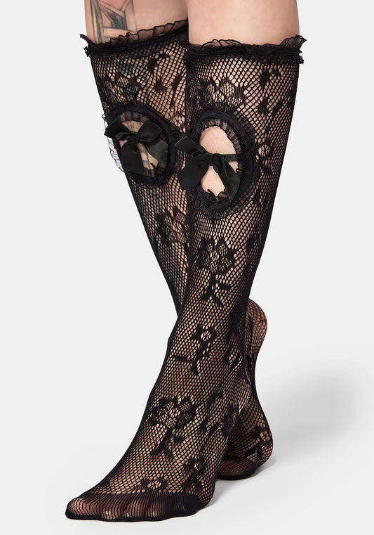 Luliya Lace Portrait Socks negros de encaje transparente con lazo de satén de Disturbia