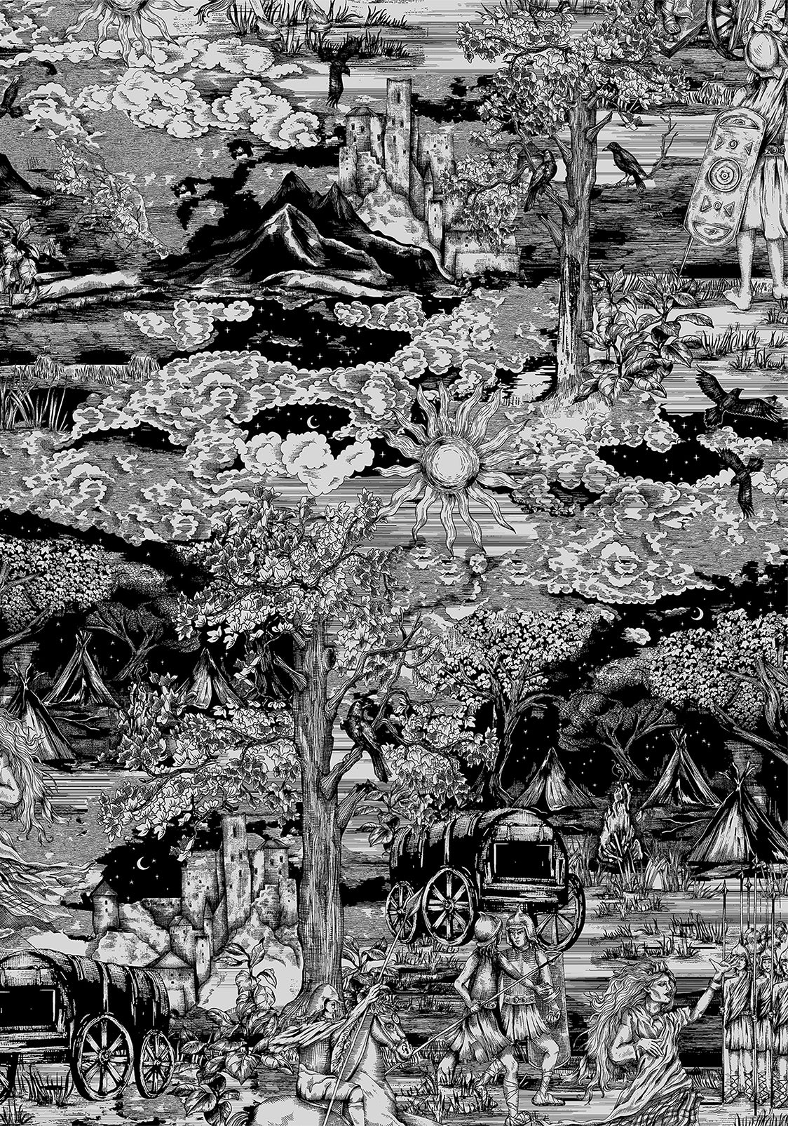 Detalle del estampado místico y encaje del Nara Boudicca Printed Mini Dress de Disturbia