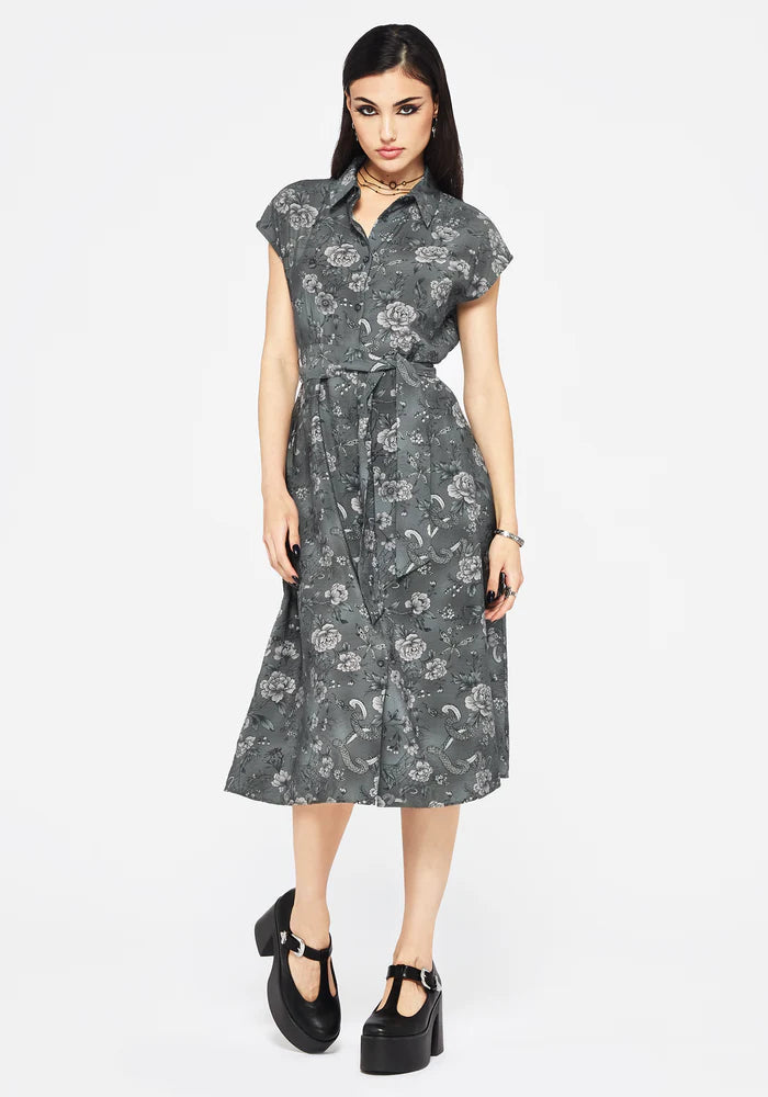 Vestido camisero midi con estampado de serpiente y flores de pradera