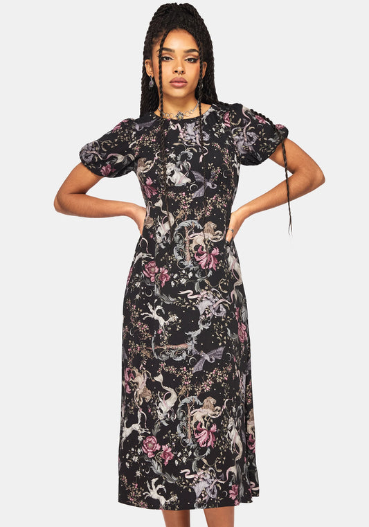 Vestido midi Merunicorn Enchanted Forest Print Puff Sleeve con estampado de sirenas y unicornios de Disturbia