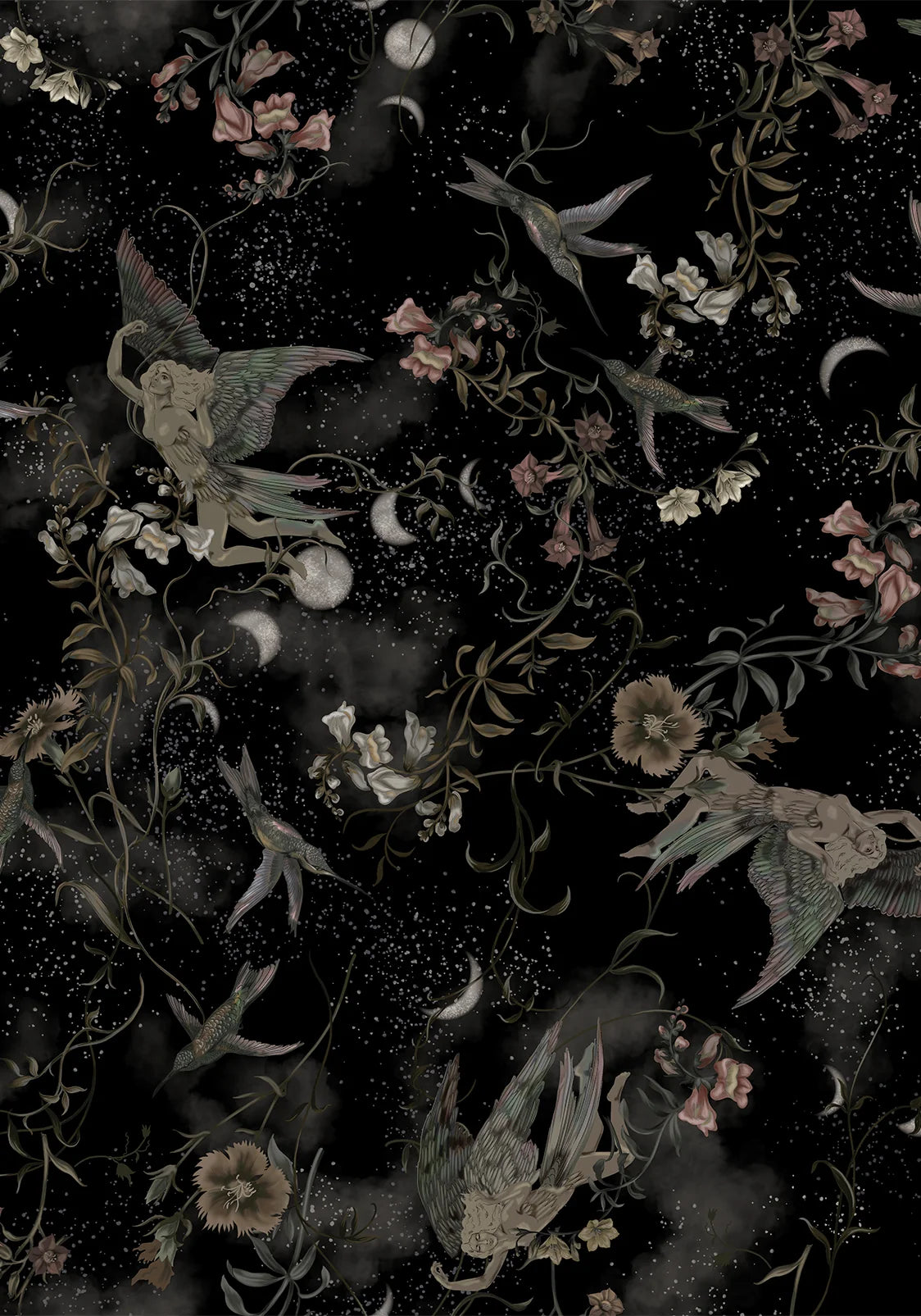 Detalle del estampado de hadas, flores y lunas del Harpyiai Print Puff Sleeve Midi Dress de Disturbia