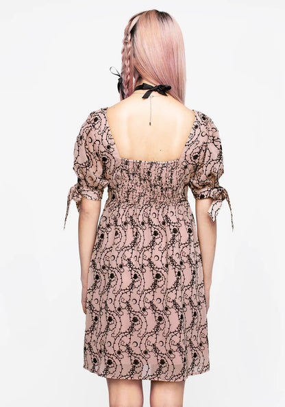 Vestido Mini con Estampado de Rosas, Espinas y Lunas