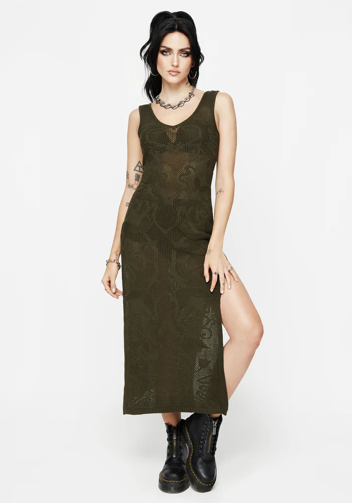 Vestido largo de tirantes de punto jacquard con tulipanes