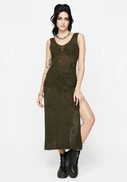 Vestido largo de tirantes de punto jacquard con tulipanes