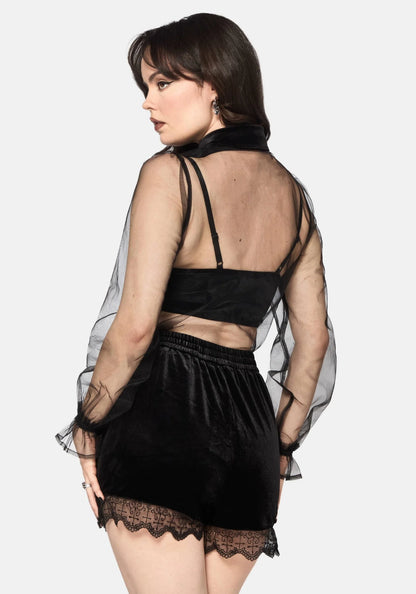 Vista trasera Fen Bug Embroidery Organza Sheer Shirt negra de organza transparente con bordados florales e insectos de Disturbia
