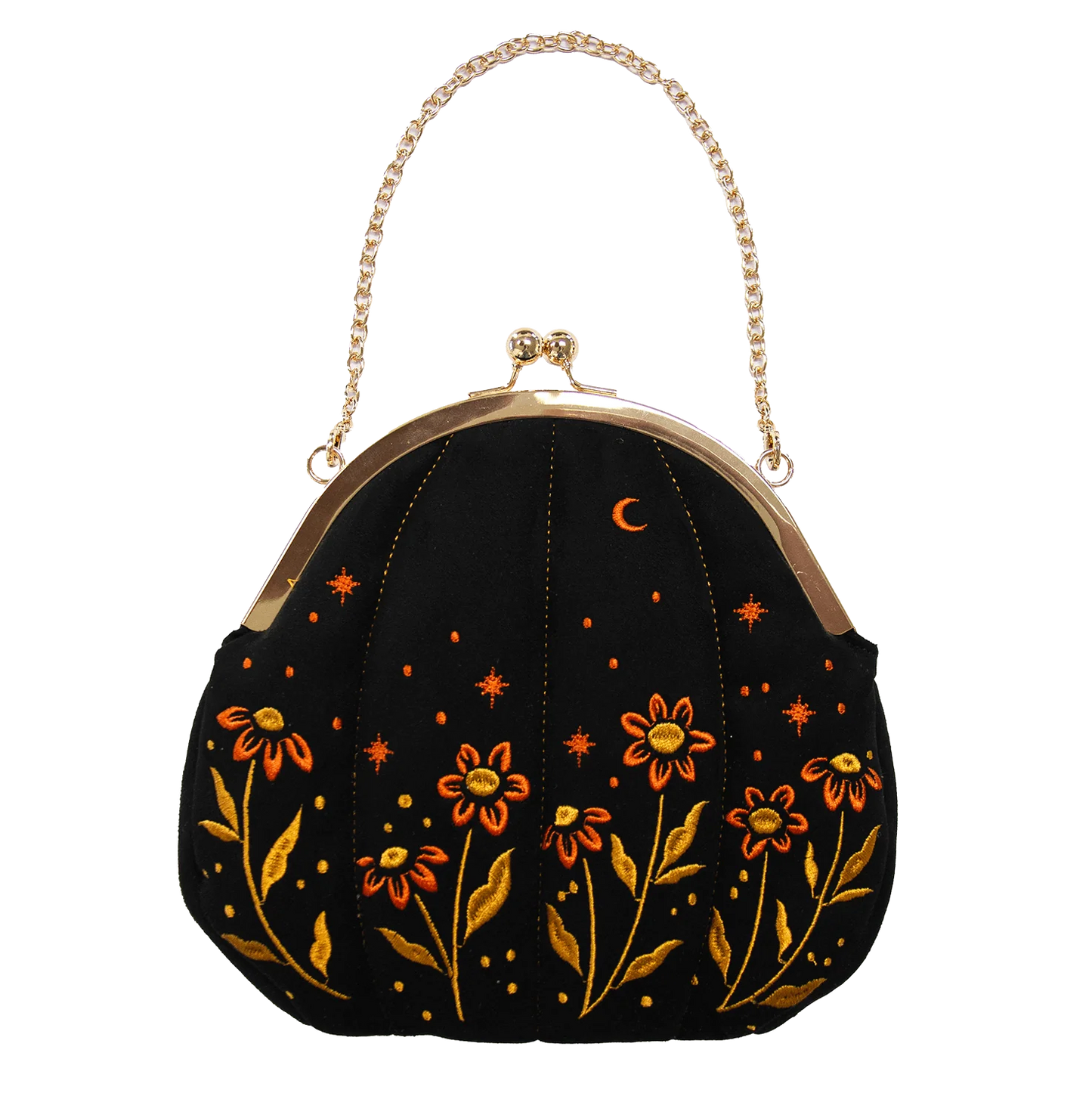 Bolso de terciopelo bordado con forma de calabaza en color negro.